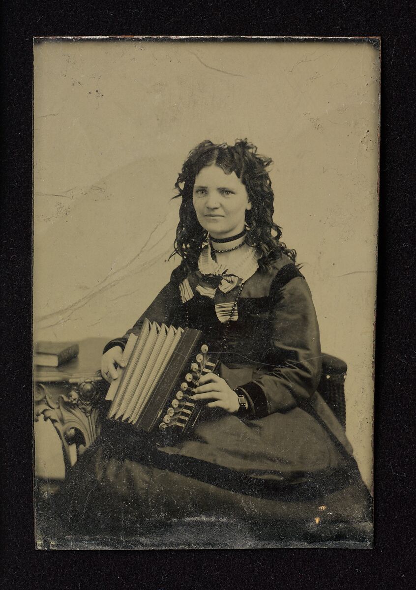 Woman Holding an Accordion tintype, Tintype, American 