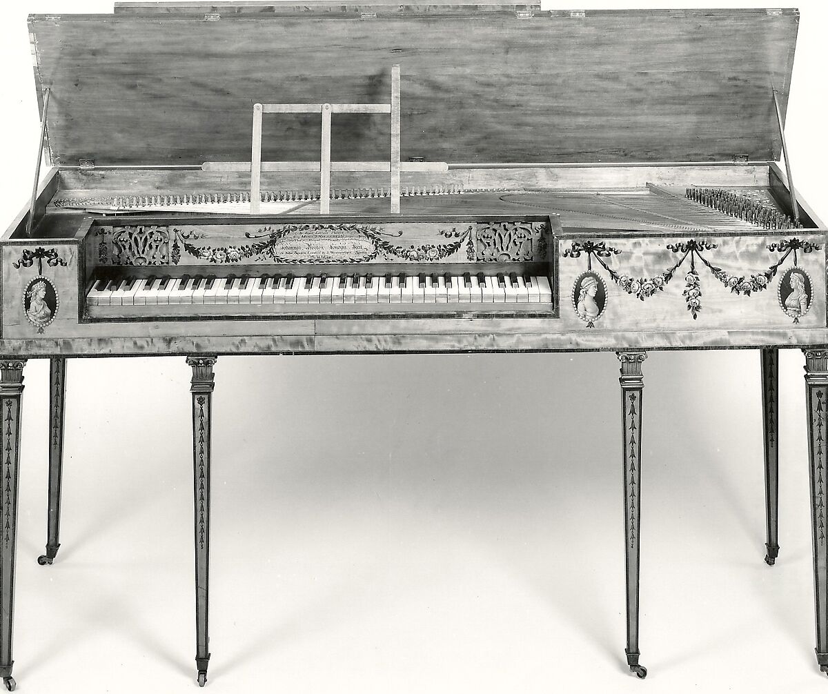 Square Piano, John Preston, Satinwood case, rosewood edging, ebony and holly strip, British 