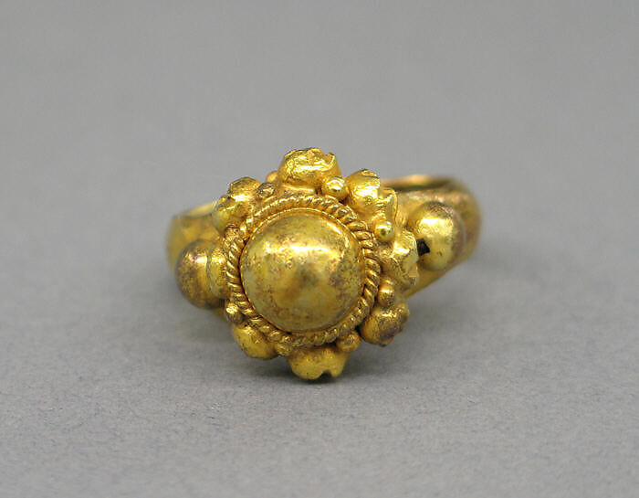 Ring with Large Central Boss Flanked by Series of Same, Gold, Indonesia (Java) 