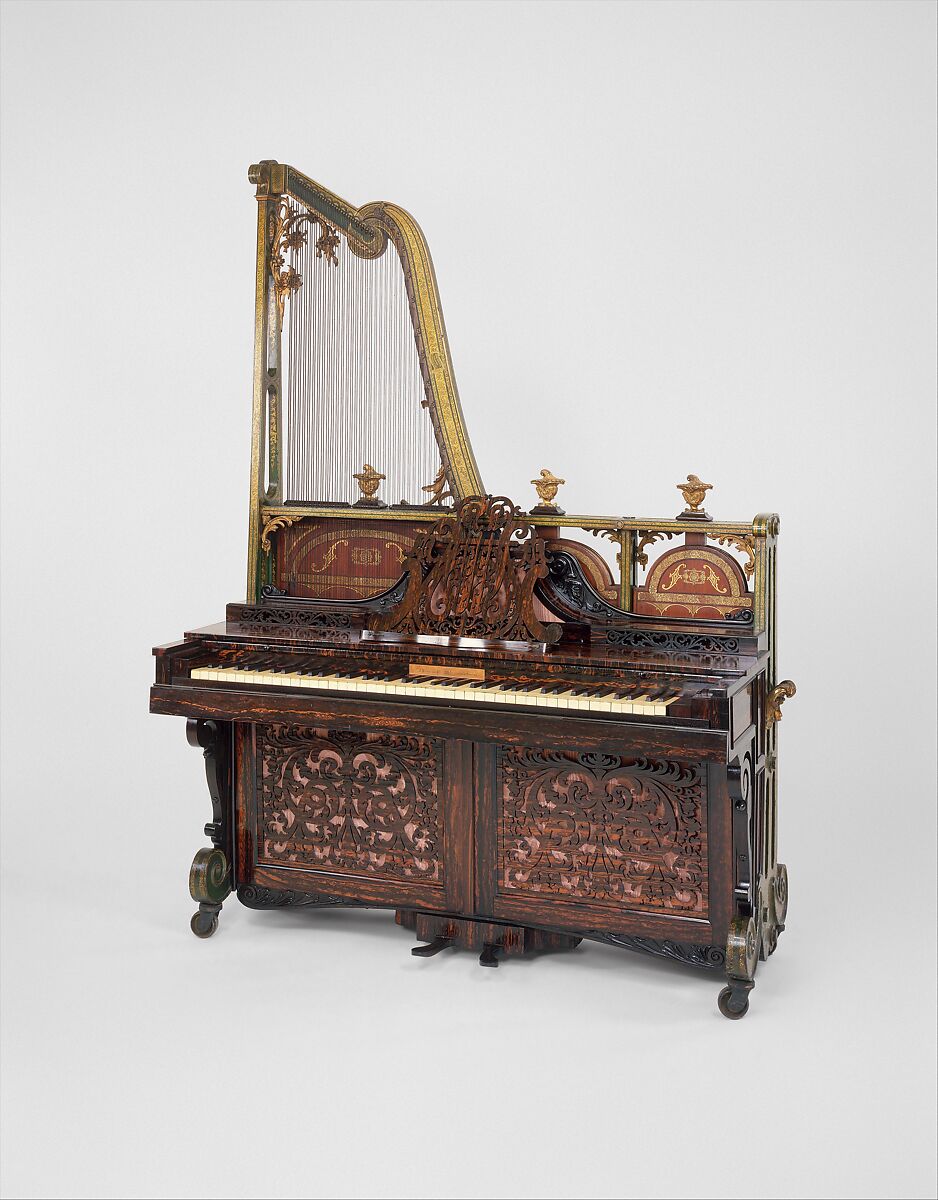 Upright Harp Piano, F. Beale &amp; Co., Mahogany, paint, gilding, cast iron, paint, silk, ivory, ebony, glaze, British 