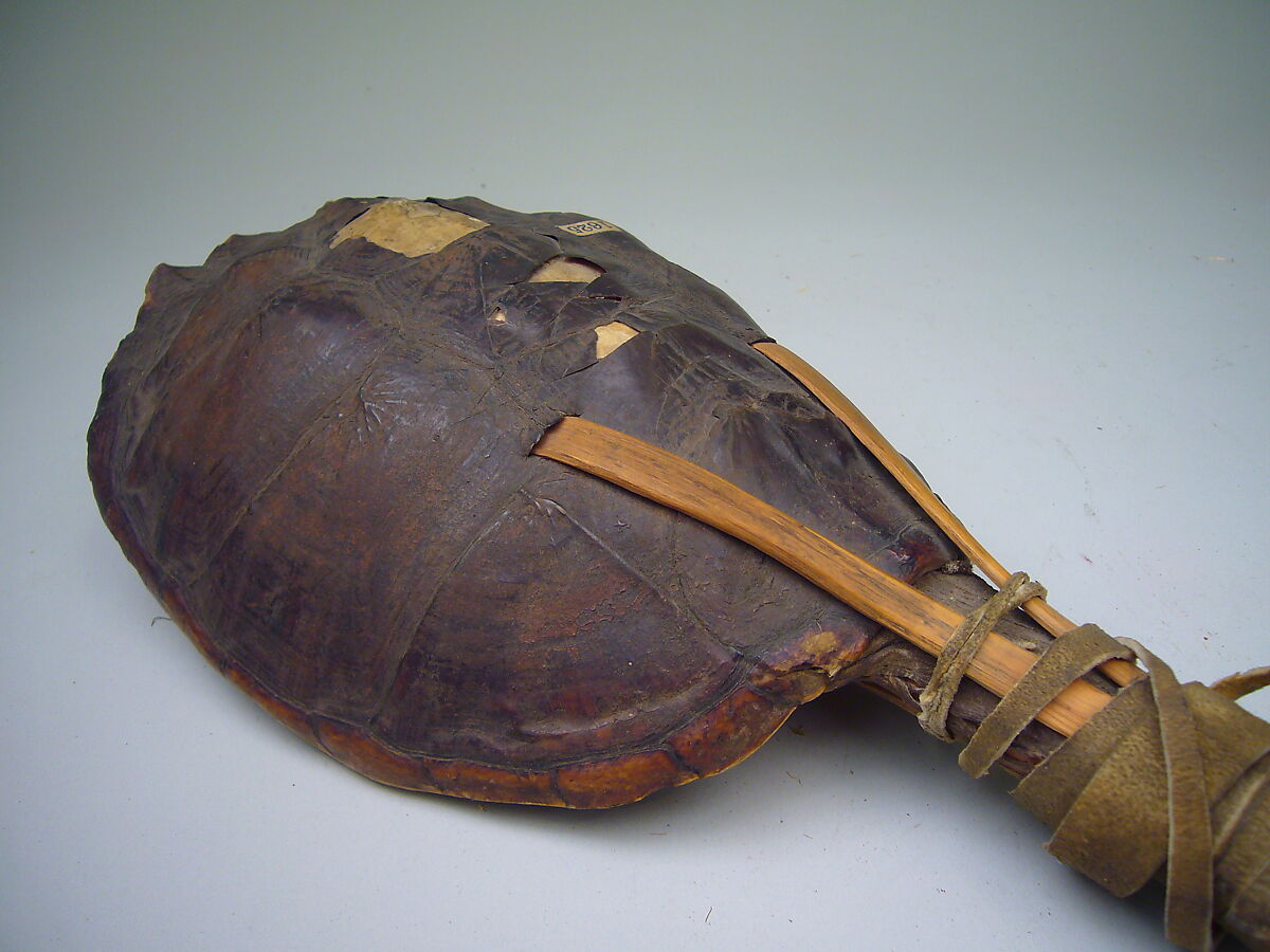 Gus-da-wa-sa (turtle rattle), Turtle shell, wood, leather, cherry pits?, Native American (Iroquois)