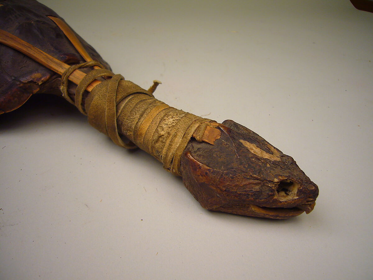Gus-da-wa-sa (turtle rattle), Turtle shell, wood, leather, cherry pits?, Native American (Iroquois)