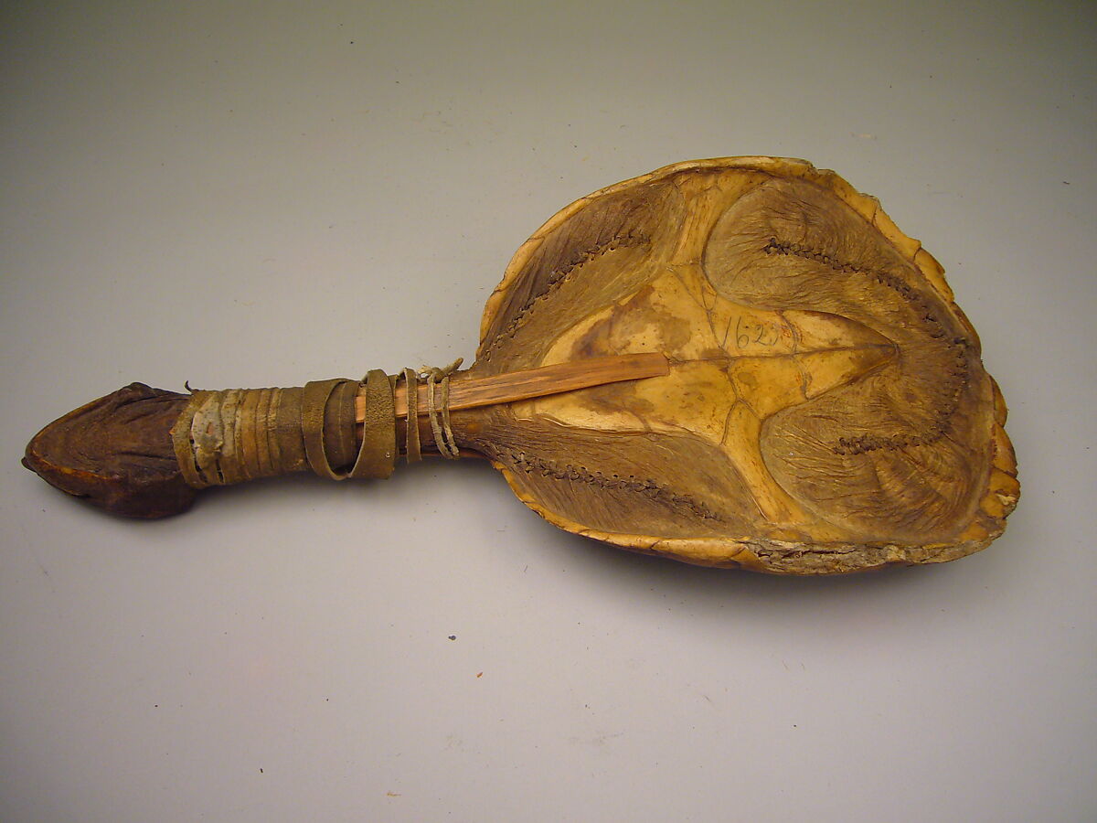 Gus-da-wa-sa (turtle rattle), Turtle shell, wood, leather, cherry pits?, Native American (Iroquois)