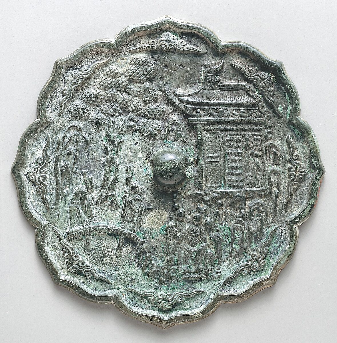 Mirror decorated with figures in a landscape, Bronze, Korea 
