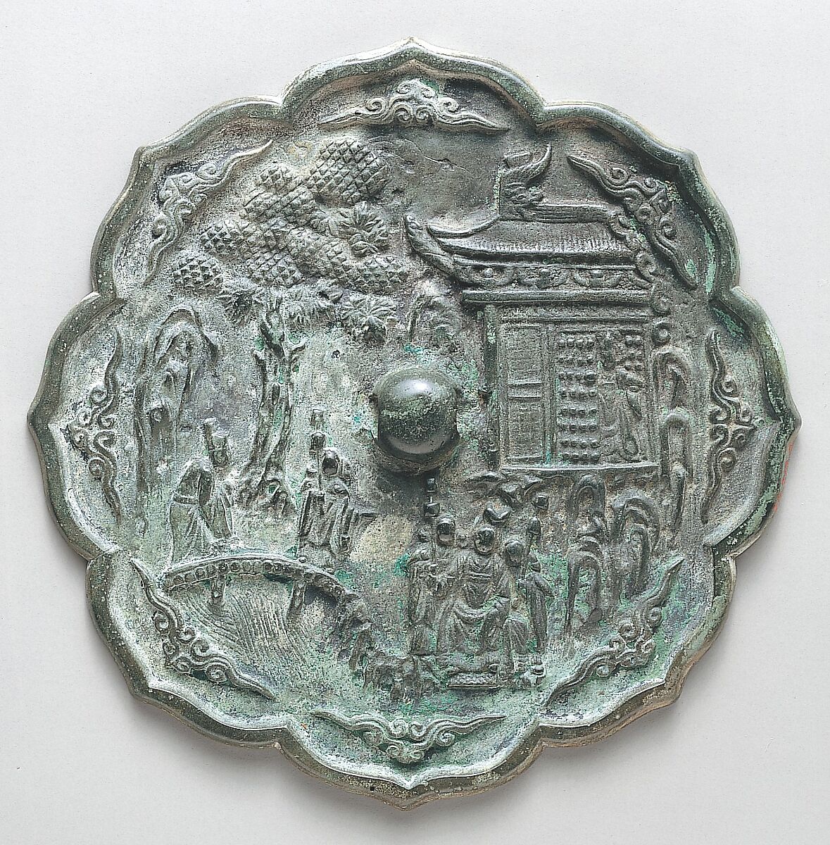 Mirror decorated with figures in a landscape
, Bronze, Korea