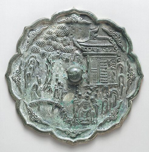 Mirror decorated with figures in a landscape
