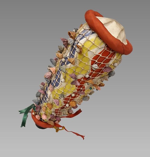 Cabasa, Gourd, string, beads, shells, silk, polychrome, Cuban