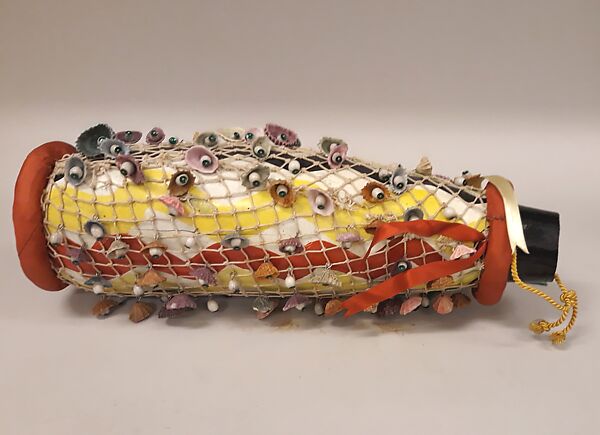 Cabasa, Gourd, string, beads, shells, silk, polychrome, Cuban