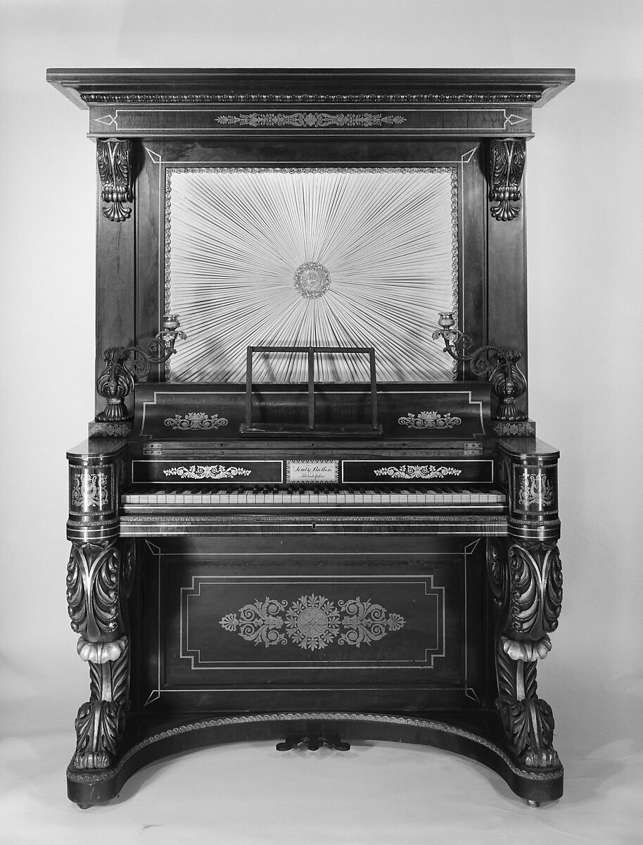 Upright Piano, Loud &amp; Brothers (American), Rosewood veneer, bird's eye maple veneer, iron, brass, ivory, ebony, fabric,, American 