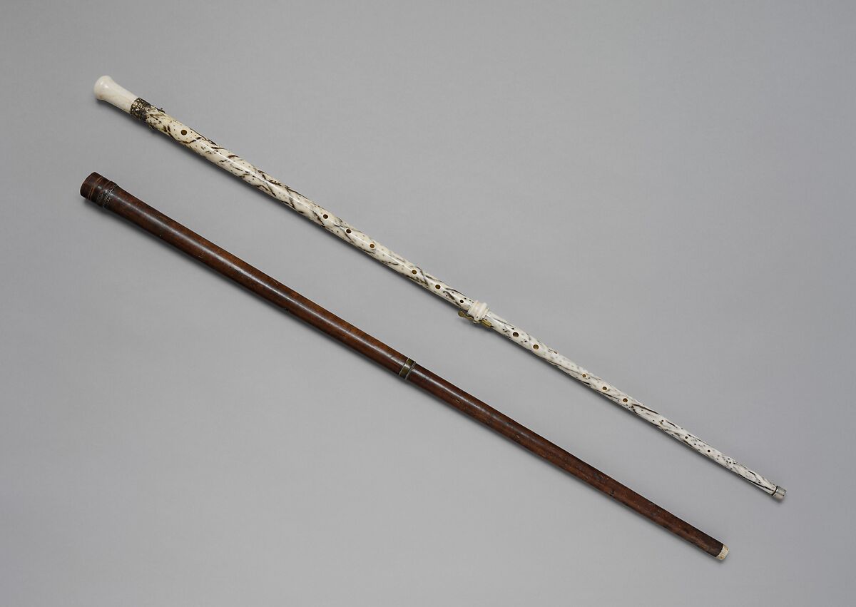 Walking-Stick Flute/Oboe, Georg Henrich Scherer (German, Butzbach 1703–1778), Narwhal (narwhahl) tusk, ivory, gilt brass, German
