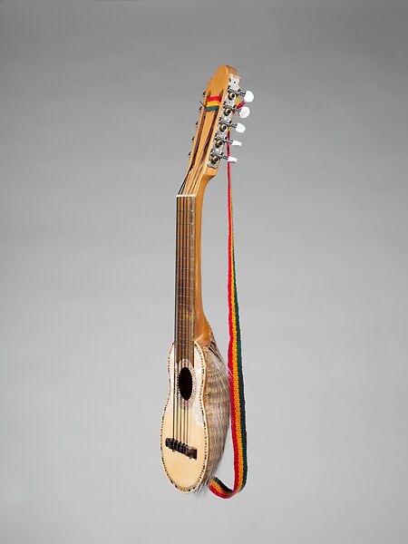 Charango, armadillo shell, wood, pearloid, Bolivian 