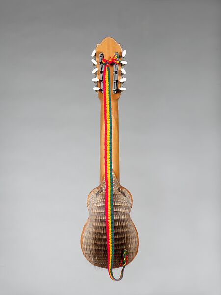 Charango, armadillo shell, wood, pearloid, Bolivian
