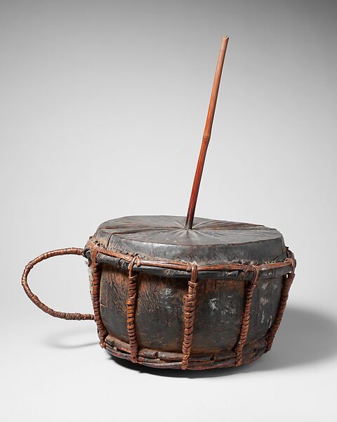 Friction Drum, Wood, hide, rattan, bamboo, feathers; stone, Tikar (Bamenda) 