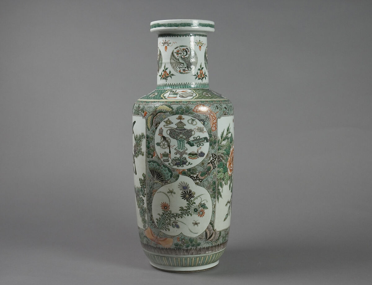 Vase with Floral and Landscape Decor, Porcelain painted in overglaze famille verte enamels, China 