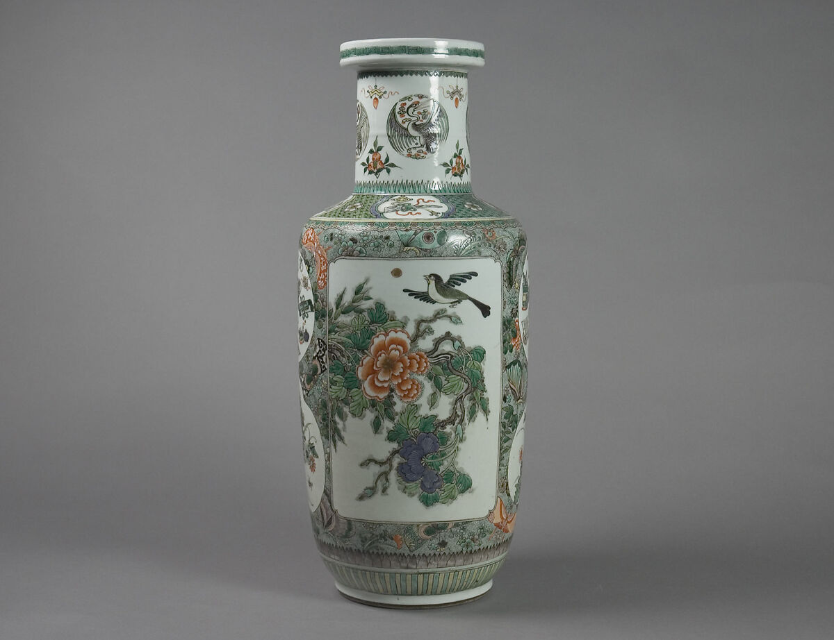 Vase with Floral and Landscape Decor, Porcelain painted in overglaze famille verte enamels, China