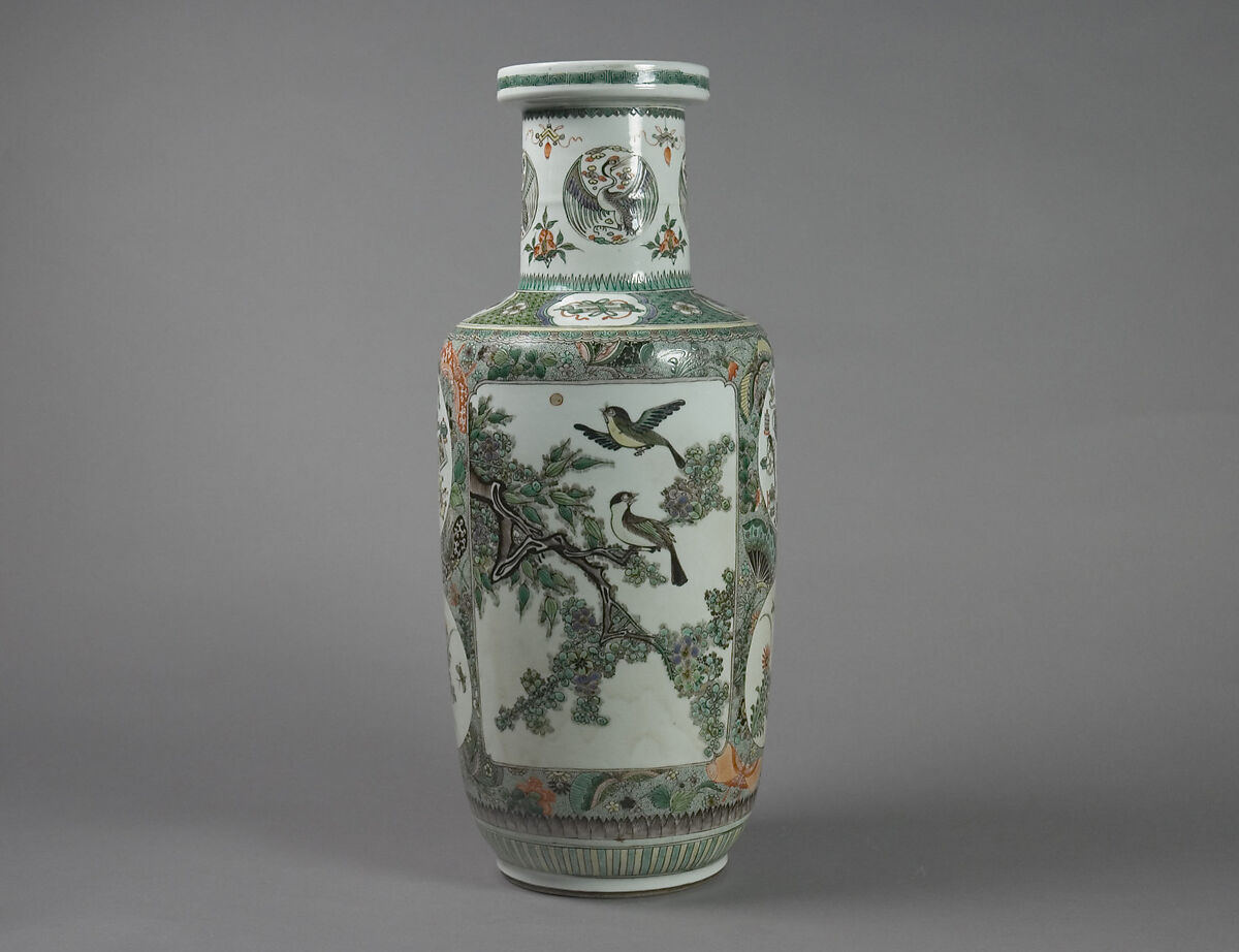 Vase with Floral and Landscape Decor, Porcelain painted in overglaze famille verte enamels, China