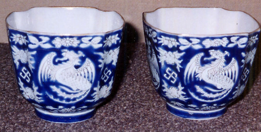 Cup (one of a pair), Porcelain with white decoration against a blue ground, China 