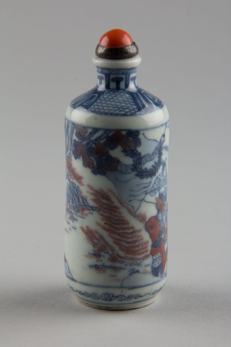 Snuff bottle with theatrical scene, Porcelain with underglaze red and blue, glass stopper, China