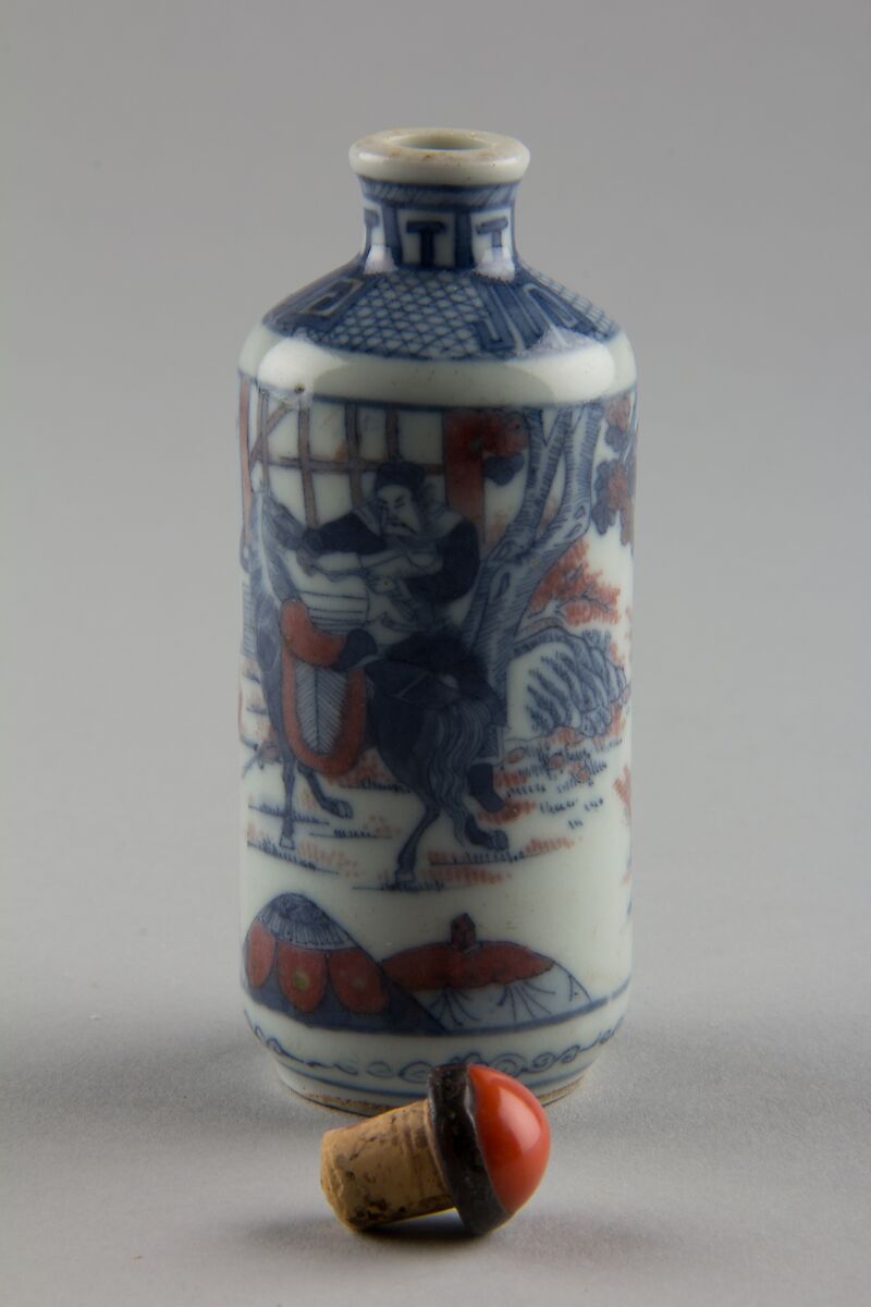 Snuff bottle with theatrical scene, Porcelain with underglaze red and blue, glass stopper, China