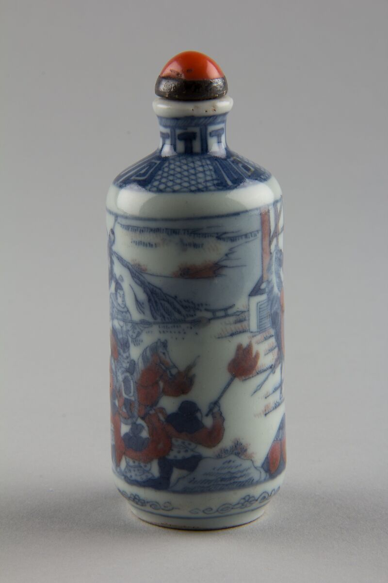 Snuff bottle with theatrical scene, Porcelain with underglaze red and blue, glass stopper, China