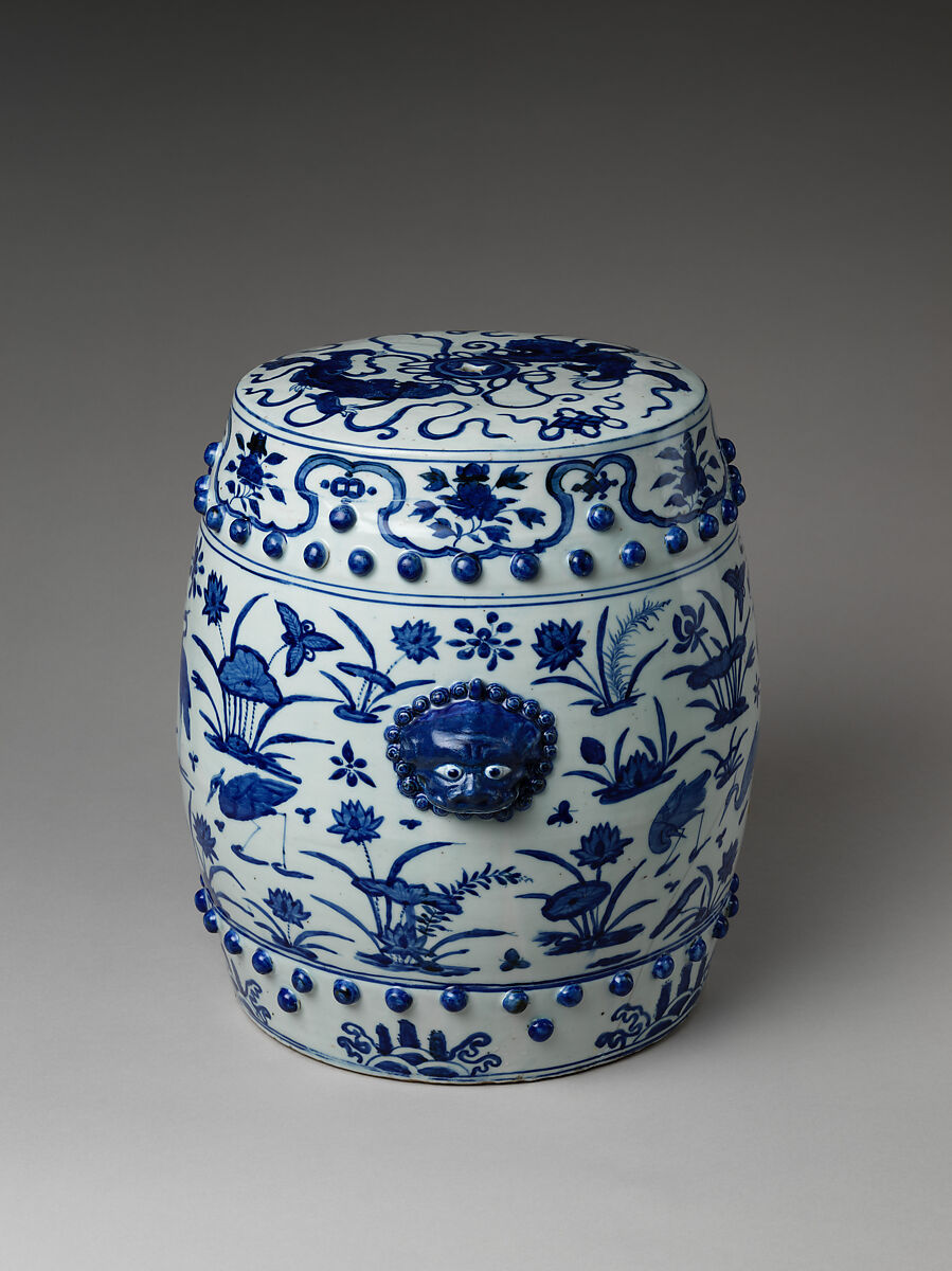 Garden seat with scene of a lotus pond, Porcelain painted in underglaze cobalt blue (Jingdezhen ware), China
