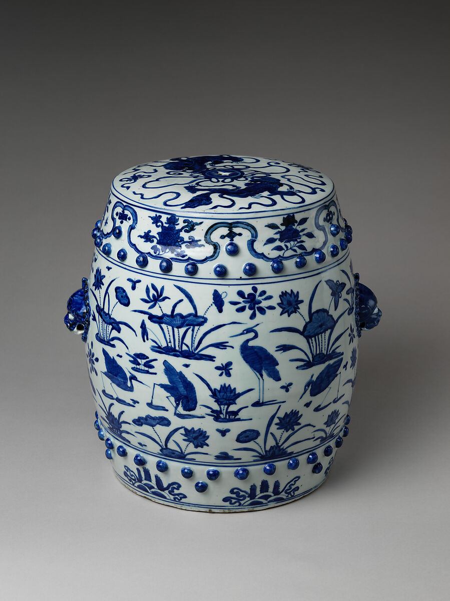 Garden seat with scene of a lotus pond, Porcelain painted in underglaze cobalt blue (Jingdezhen ware), China 