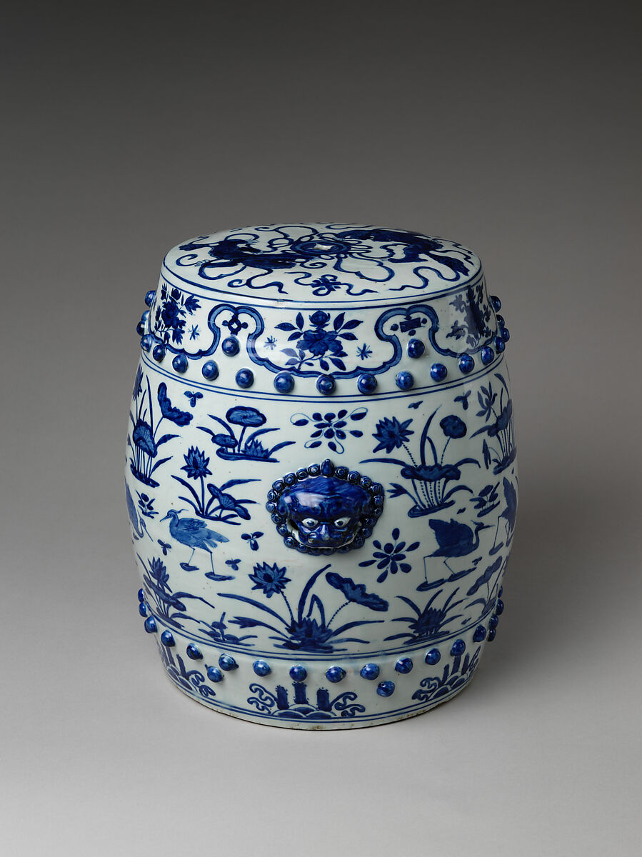 Garden seat with scene of a lotus pond, Porcelain painted in underglaze cobalt blue (Jingdezhen ware), China