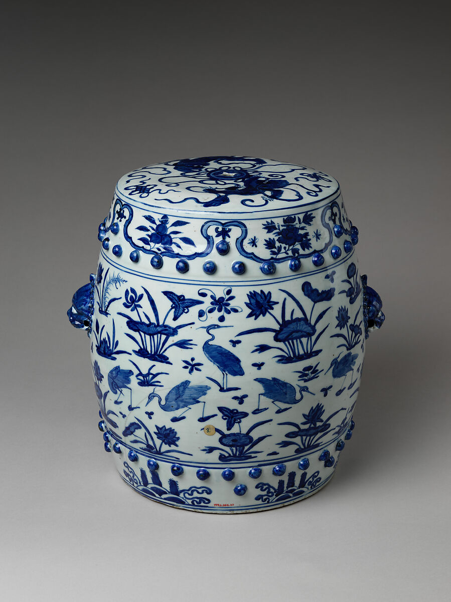 Garden seat with scene of a lotus pond, Porcelain painted in underglaze cobalt blue (Jingdezhen ware), China