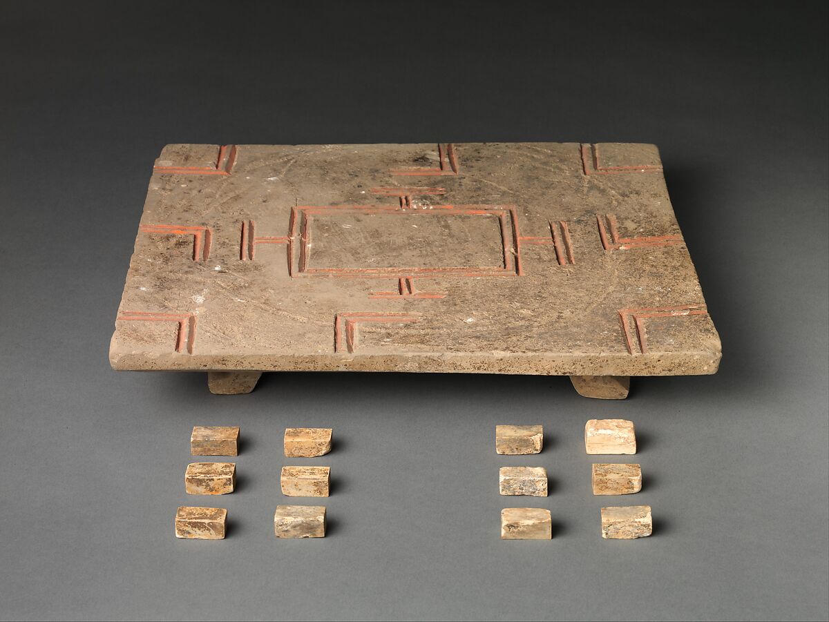 Liubo Board and Pieces, Earthenware with pigment and bone, China 