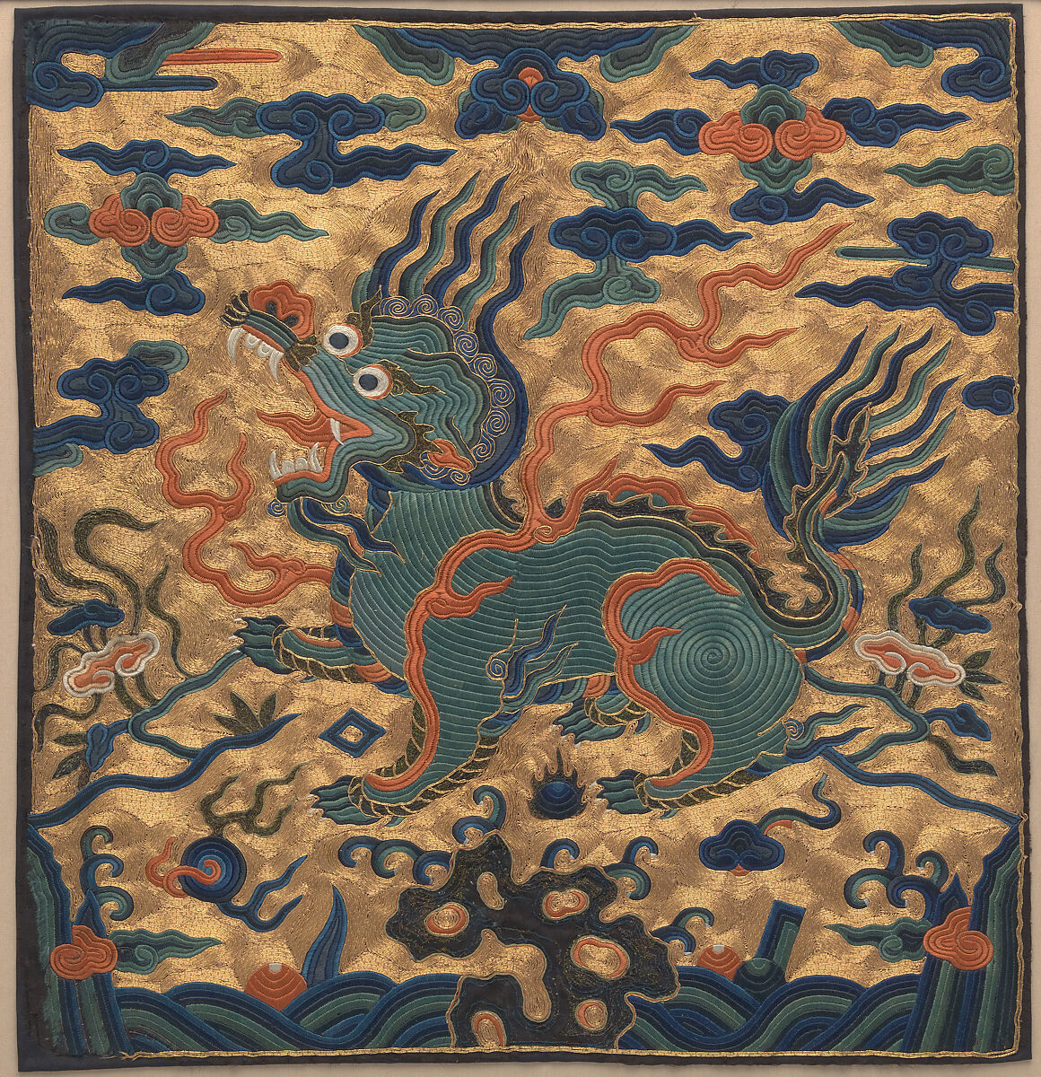 Rank Badge with Stylized Bear, Silk, feather, and metallic thread embroidery on silk satin, China 