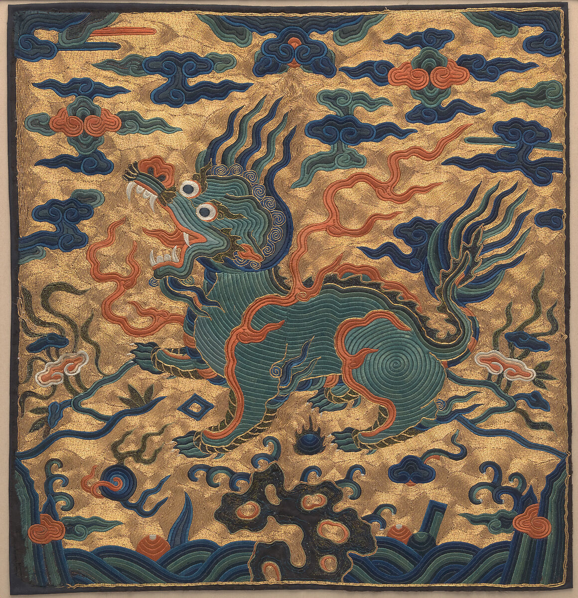 Rank Badge with Stylized Bear, Silk, feather, and metallic thread embroidery on silk satin, China