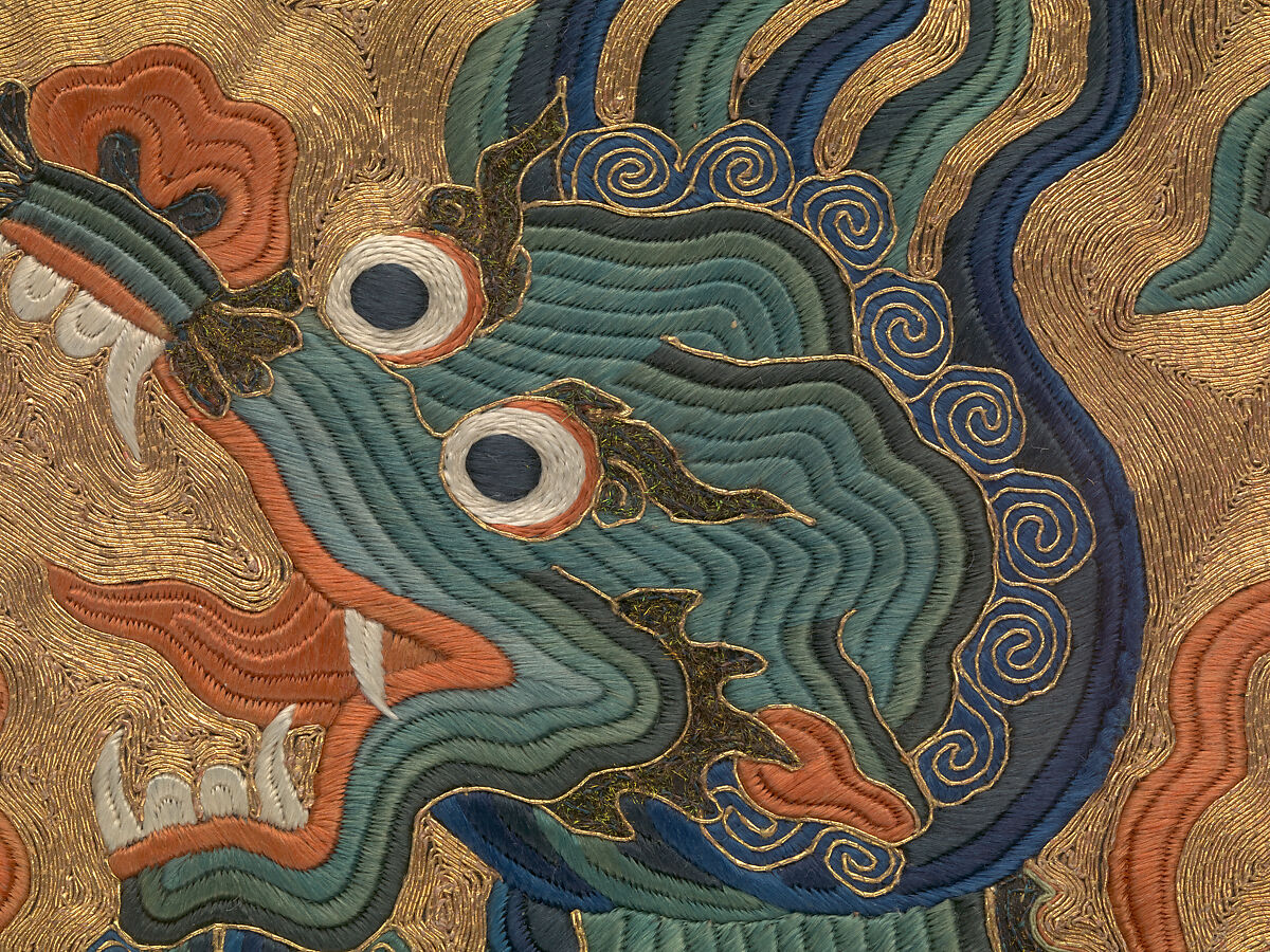 Rank Badge with Stylized Bear, Silk, feather, and metallic thread embroidery on silk satin, China