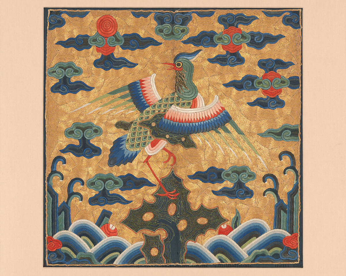 Rank Badge with Mandarin Duck, Silk and metallic thread embroidery on silk satin, China 
