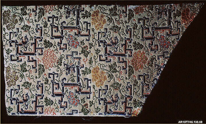 Textile with Peonies and Lattice, Silk lampas, China 