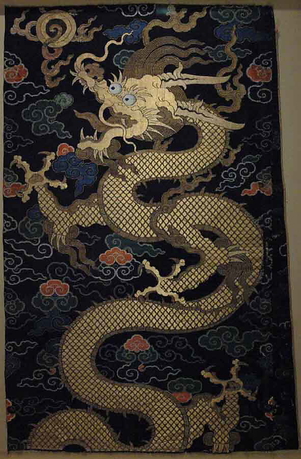 Panel with dragon, Silk satin brocaded with silk and metallic thread, China 