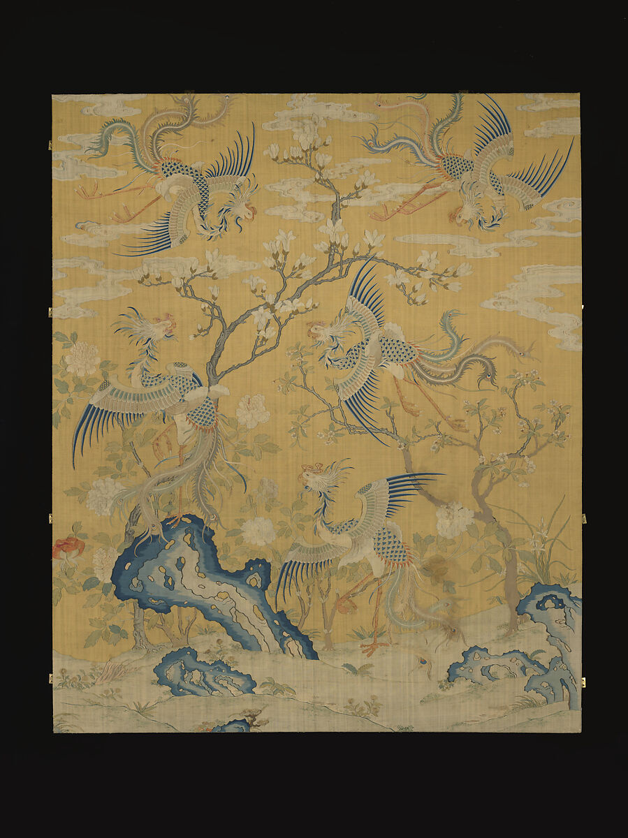 Panel with five phoenixes in a garden, Silk tapestry (kesi), China