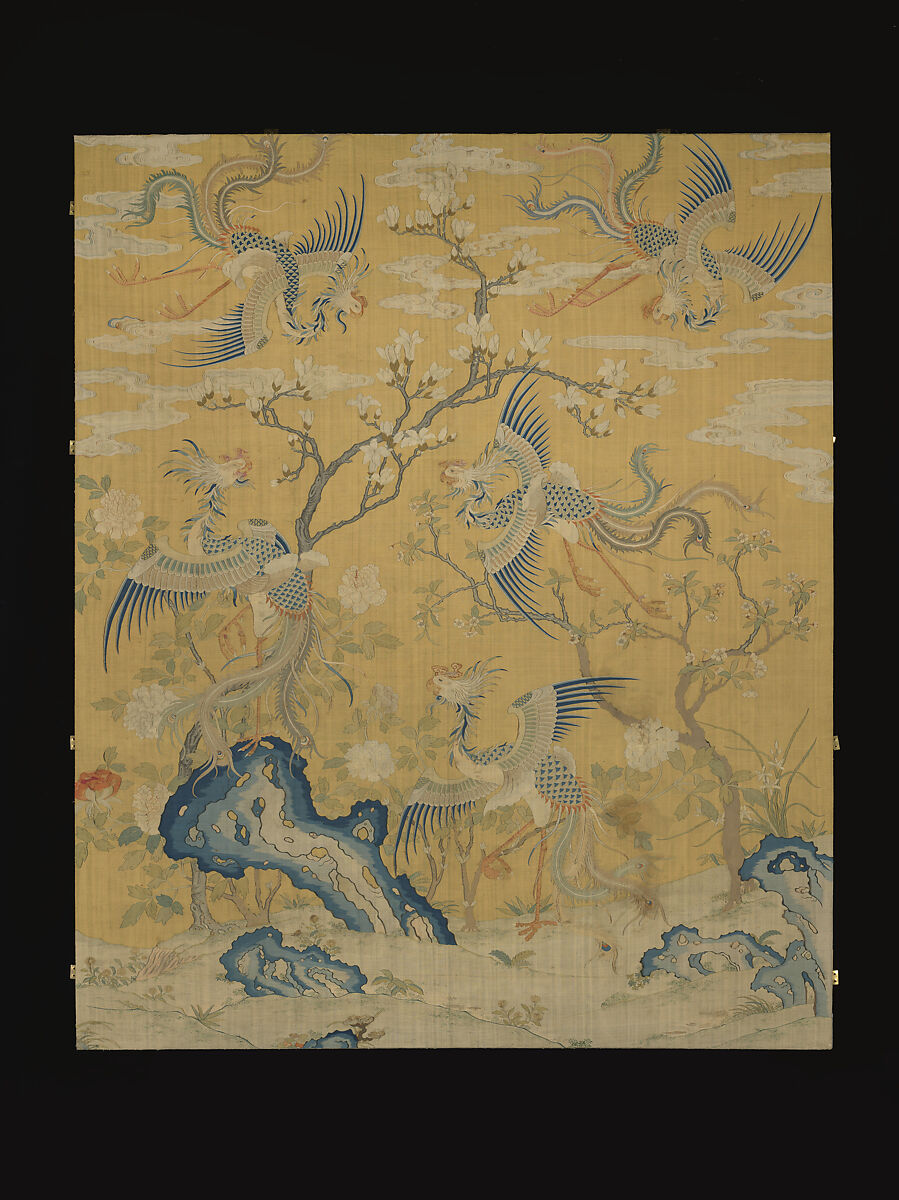 Panel with five phoenixes in a garden, Silk tapestry (kesi), China 