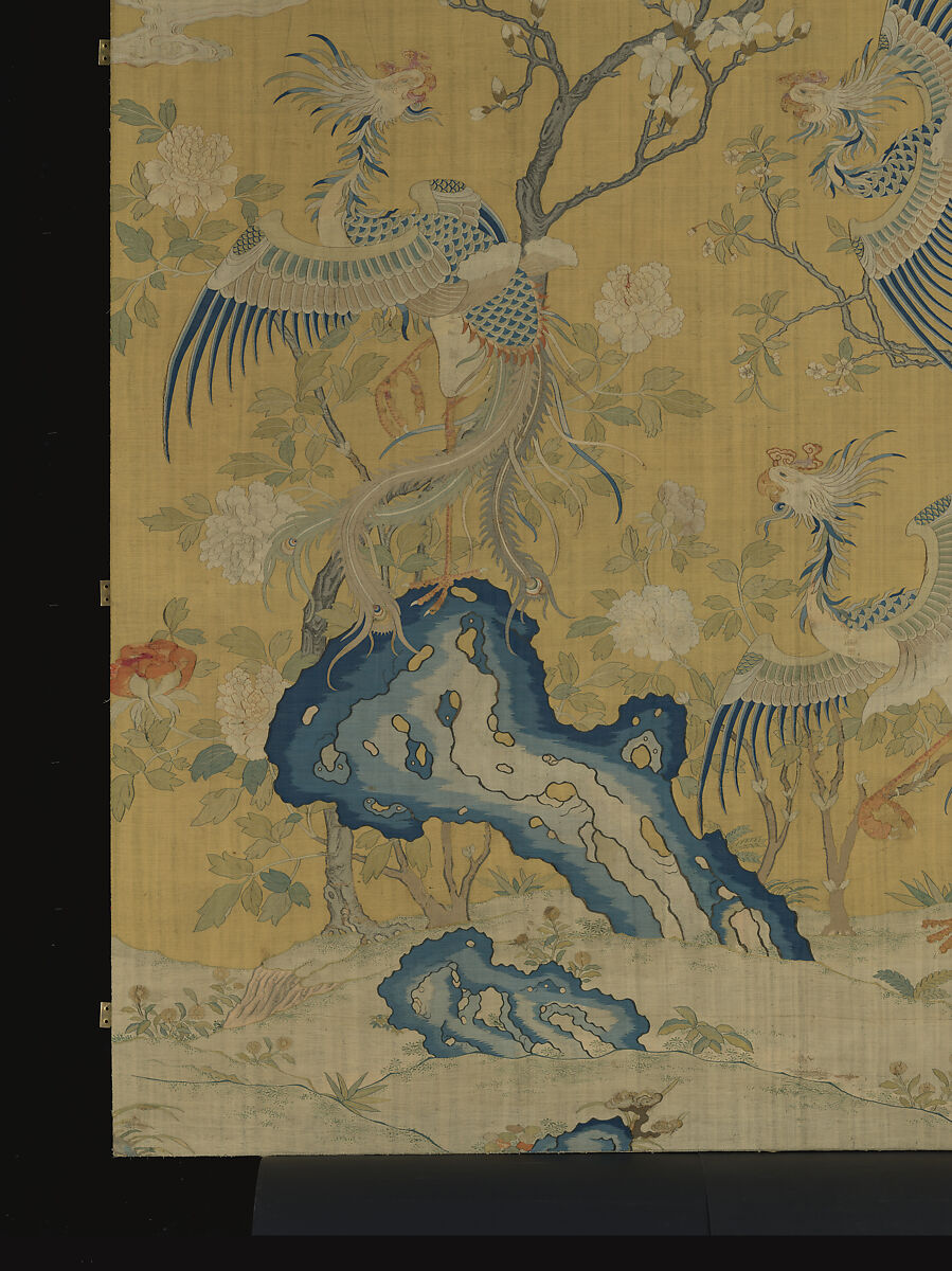 Panel with five phoenixes in a garden, Silk tapestry (kesi), China