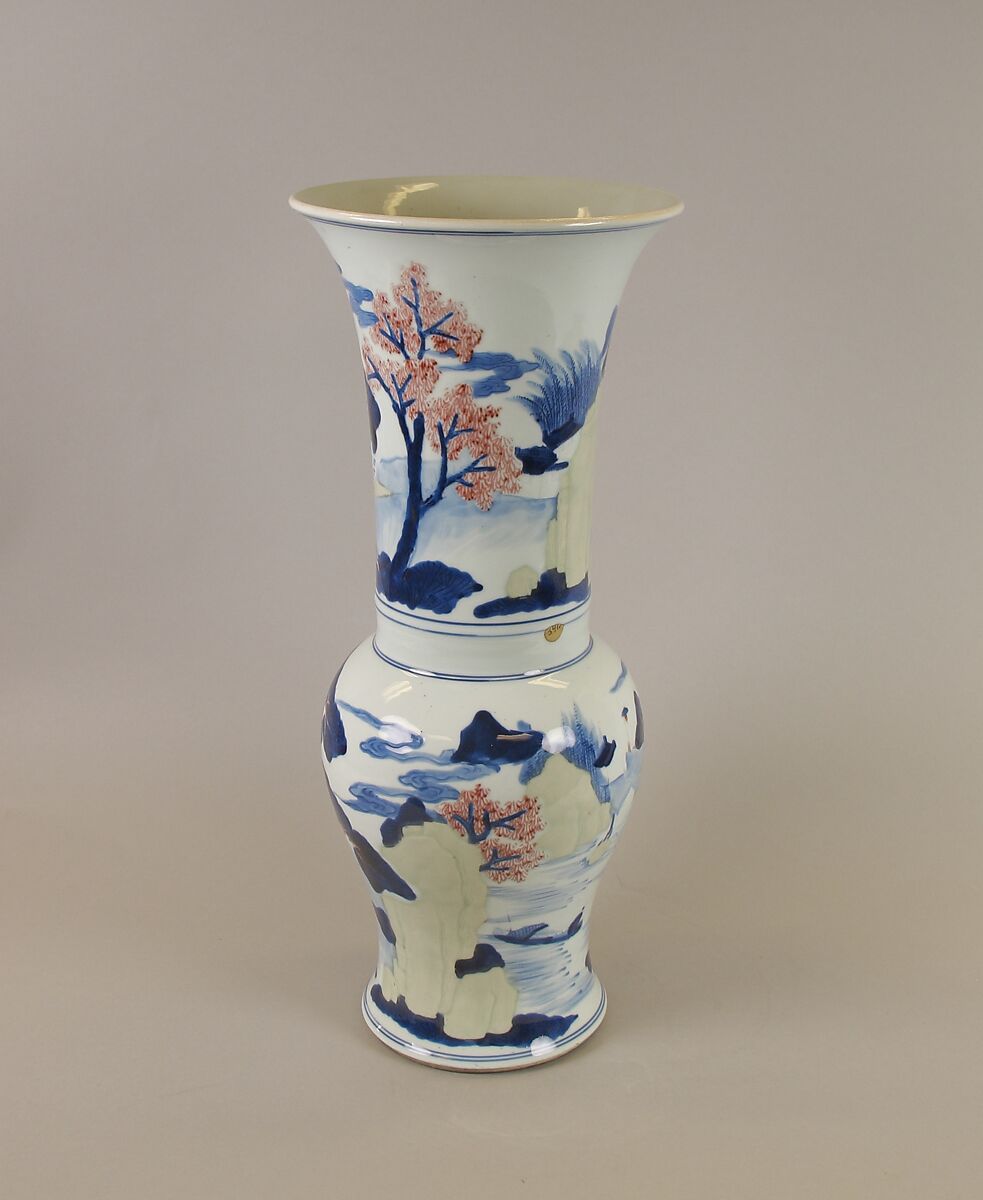 Vase with landscape, Porcelain painted in underglaze cobalt blue, copper red, and light green (Jingdezhen ware), China