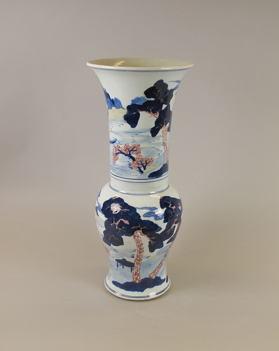 Vase with landscape, Porcelain painted in underglaze cobalt blue, copper red, and light green (Jingdezhen ware), China