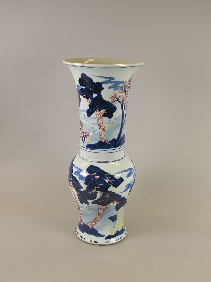 Vase with landscape, Porcelain painted in underglaze cobalt blue, copper red, and light green (Jingdezhen ware), China 