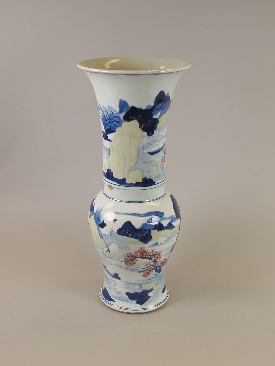 Vase with landscape, Porcelain painted in underglaze cobalt blue, copper red, and light green (Jingdezhen ware), China