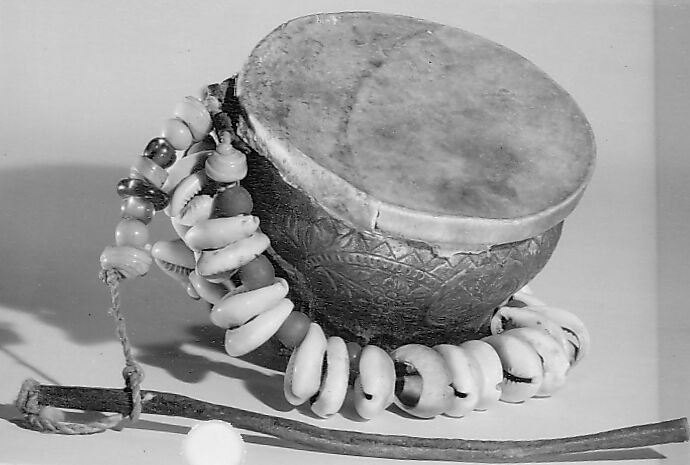 Baz, metal, skin, bead, cowrie shell, and cord, Egyptian