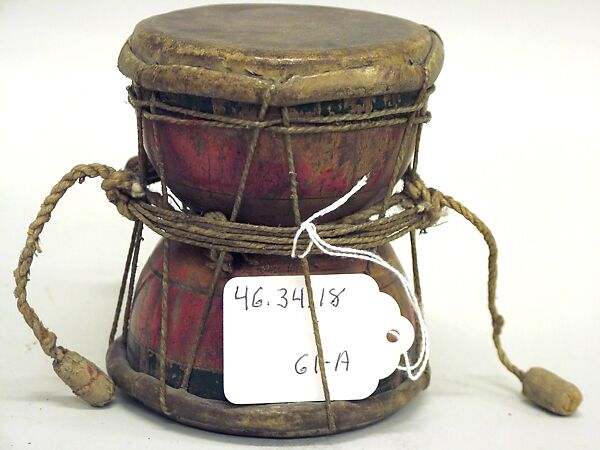 Damaru, Wood, leather, vegetal twine, various, Indian