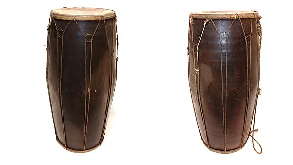 Dholika, Teak wood, cord, hide, brass, Indian