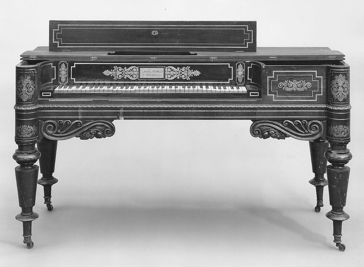 Square Piano, Loud &amp; Brothers (American), Mahogany and rosewood veneer case, satinwood interior, decorated with gilt borders and floral, acanthus, and scroll work., American Philadelphia