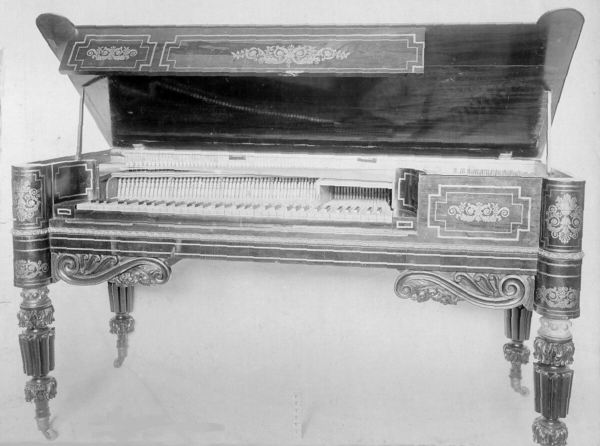 Square Piano, Loud &amp; Brothers (American), Mahogany and rosewood veneer case, satinwood interior, decorated with gilt borders and floral, acanthus, and scroll work., American Philadelphia