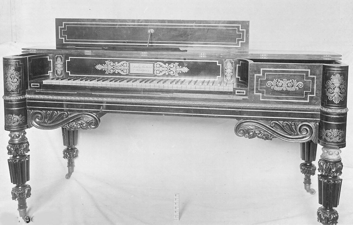 Square Piano, Loud &amp; Brothers (American), Mahogany and rosewood veneer case, satinwood interior, decorated with gilt borders and floral, acanthus, and scroll work., American Philadelphia