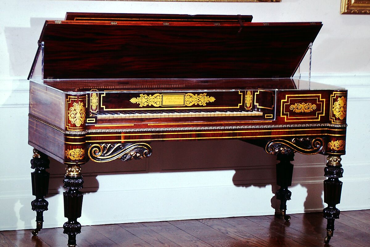 Square Piano, Loud &amp; Brothers (American), Mahogany and rosewood veneer case, satinwood interior, decorated with gilt borders and floral, acanthus, and scroll work., American Philadelphia