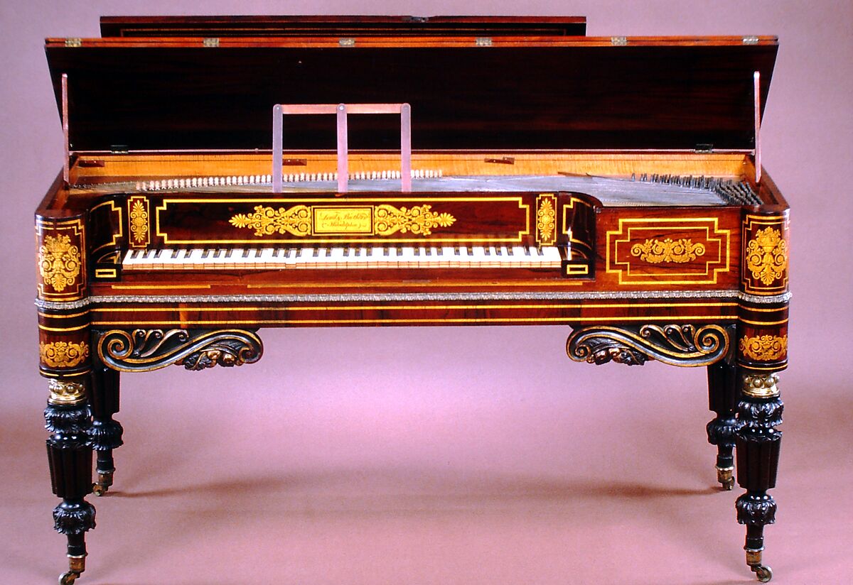 Square Piano, Loud &amp; Brothers (American), Mahogany and rosewood veneer case, satinwood interior, decorated with gilt borders and floral, acanthus, and scroll work., American Philadelphia 